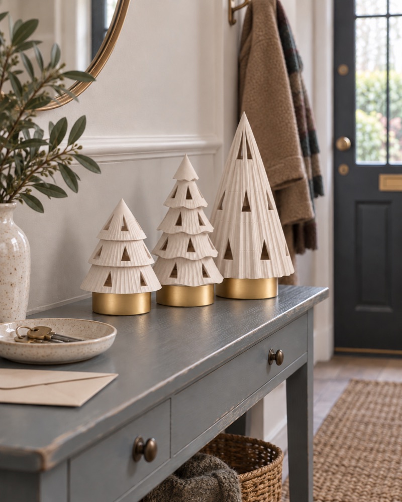 White Wood Woodland Glow tree lanterns on a console in daylight