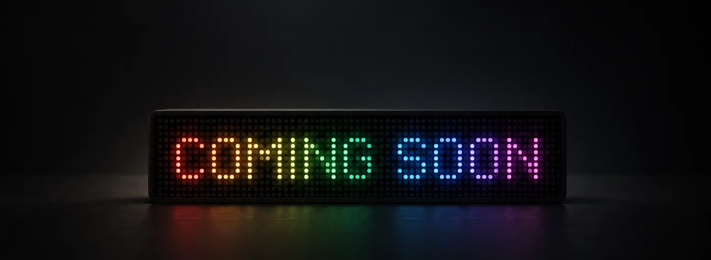 Luma Frame display showing Coming Soon in rainbow LED pixels